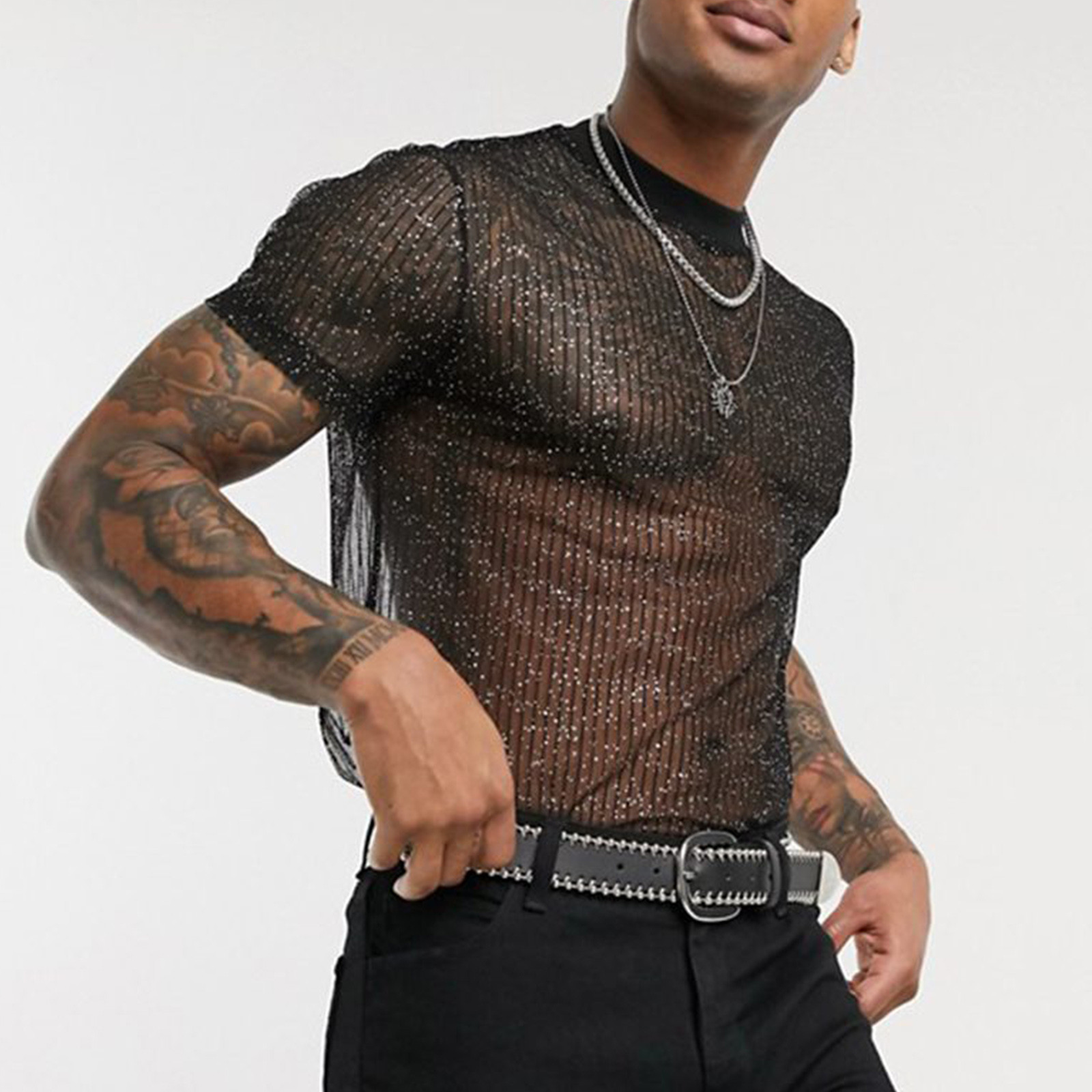 thumbnail image 2 of Camiseta sexy de manga corta con malla para hombre: corte ajustado, cuello redondo, poliéster, para fiestas de verano/informal, perfecta para discotecas/playa, 2 of 5